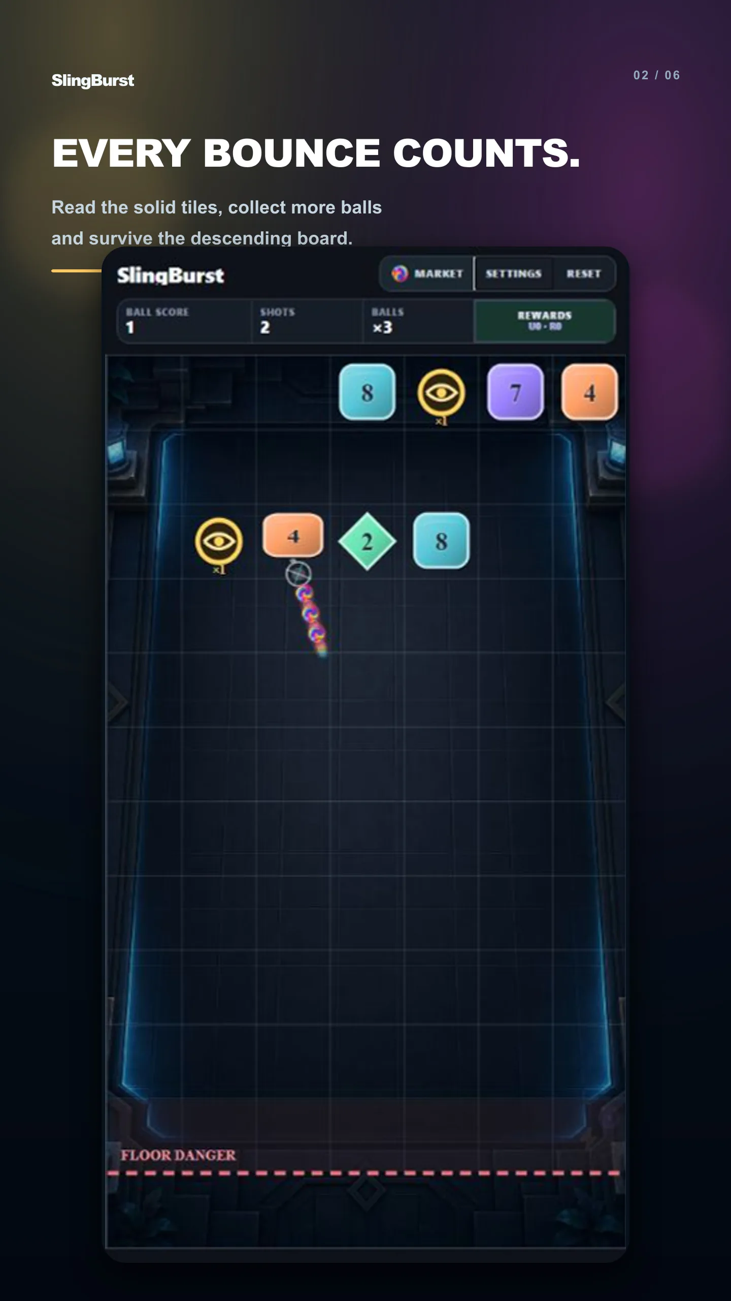 A volley of balls ricocheting through a SlingBurst board