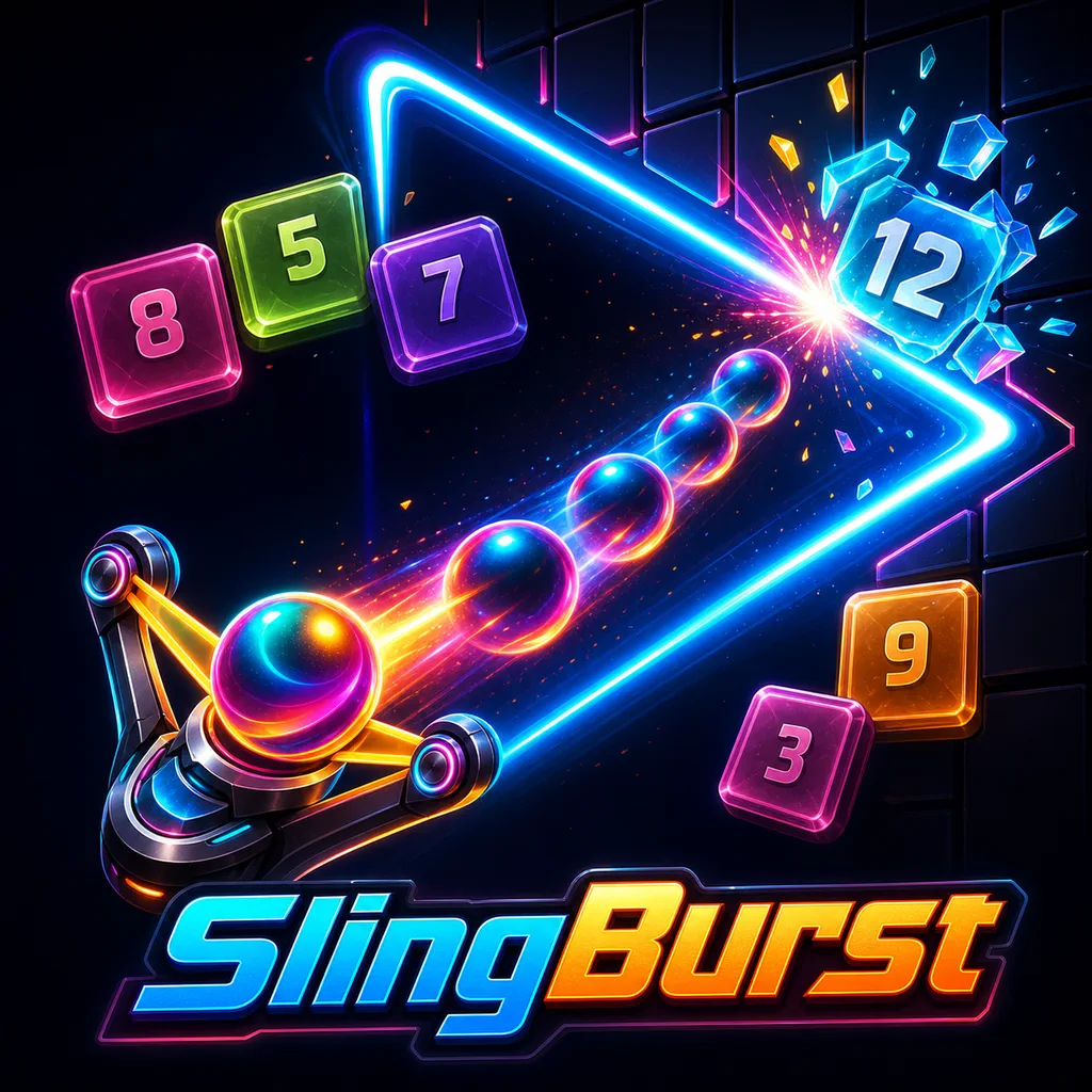 SlingBurst key art with a ball launching toward numbered blocks